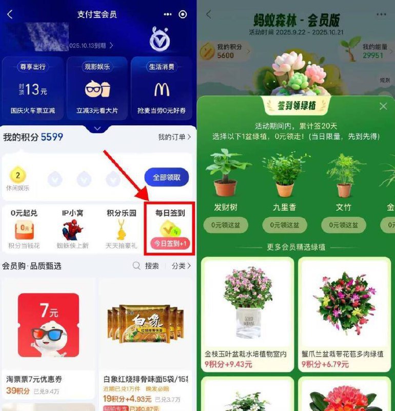 zfb搜：zfb会员-右侧每日簽.到-累计簽.到20天可0亓领绿植包邮 自测